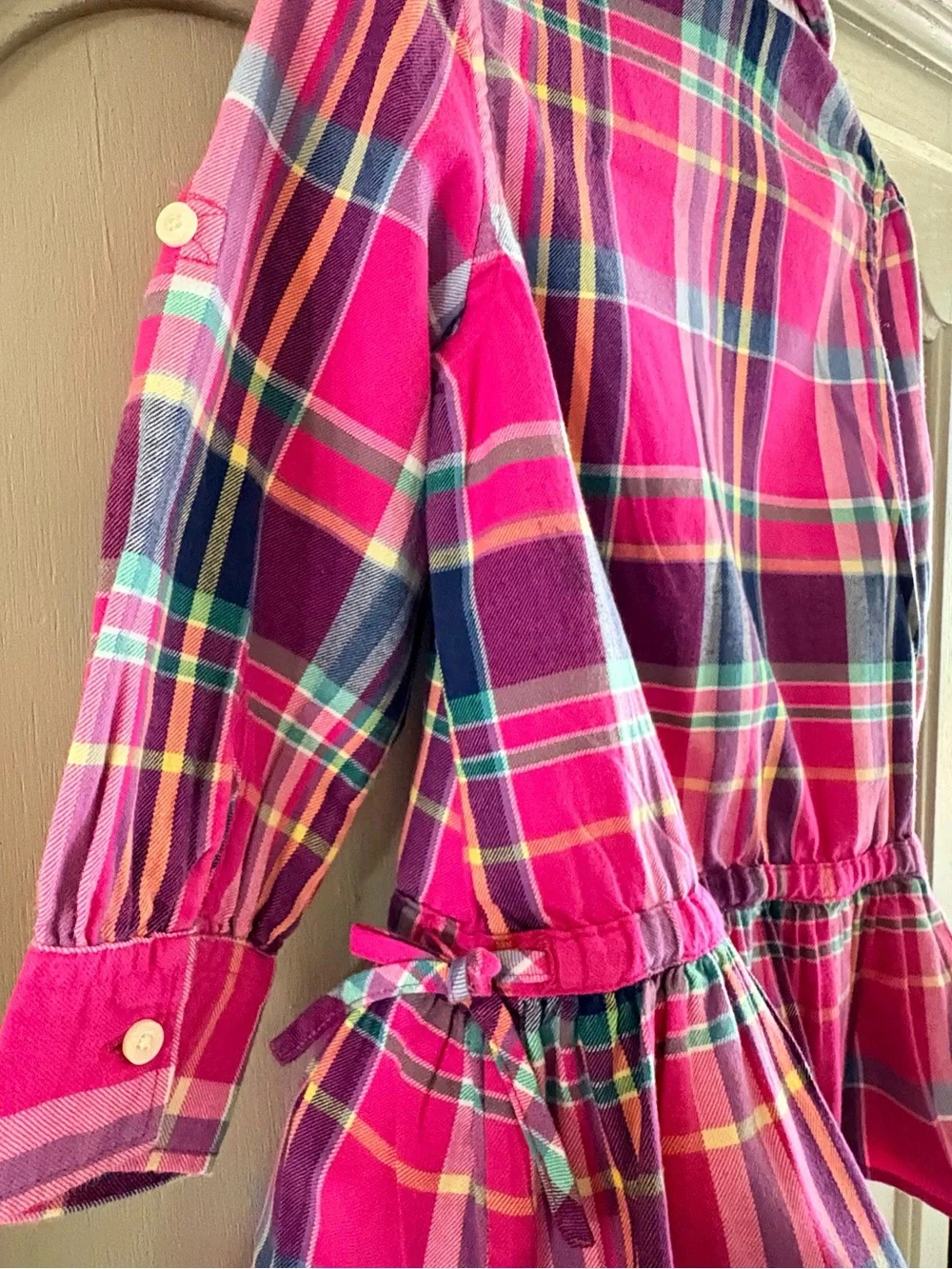 Polo Ralph Lauren Pink Plaid Madras Shirt Dress Dropping Waist Peplum Hem 2T